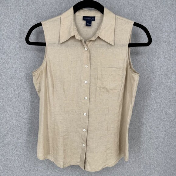 Ann Taylor Tops - Ann Taylor Womens Linen Sleeveless Button Up Shirt Top Size 12 Tan Collared Chic